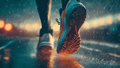 AI generated illustration of a runner dashing through city streets in the rain during nighttime - obrazy, fototapety, plakaty