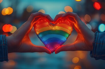 Hands holding a heart in rainbow colors. - obrazy, fototapety, plakaty