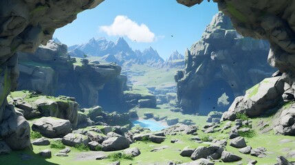 the video game environment, featuring rocks and a waterfall in the valley
