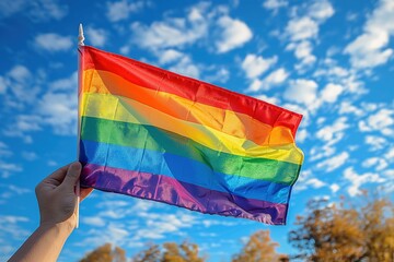 A person holding a rainbow flag in the sky. - obrazy, fototapety, plakaty