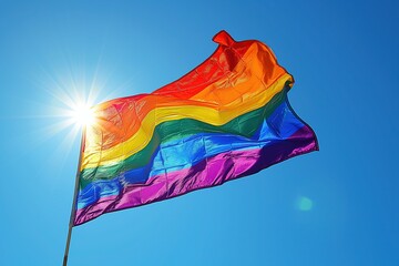 The LGBT flag flutters in the wind. Colorful Rainbow Flag - obrazy, fototapety, plakaty