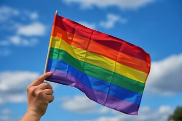 A person holding a rainbow flag in the sky.