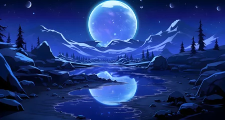 Raamstickers the moon rising over a winter lake in a landscape with trees © Wirestock