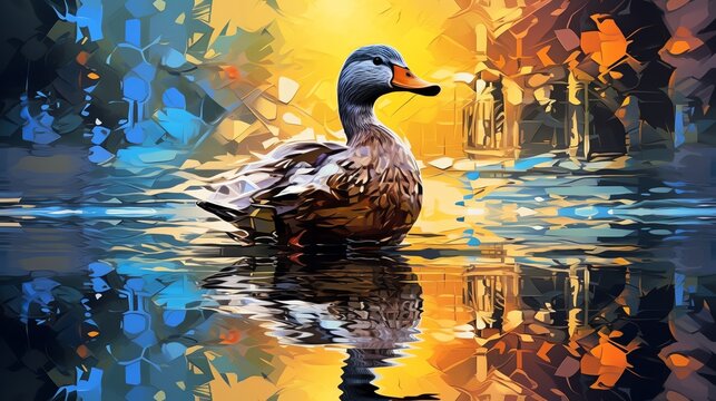 Render a digital pixel art version of a majestic duck in a fantastical setting, focusing on its unique rear view silhouette for a nostalgic touch