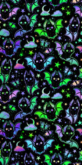Seamless illustration of cute cartoon bats and crescents - obrazy, fototapety, plakaty