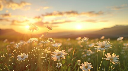 Beautiful spring landscape with white daisies in the meadow at sunset, with a beautiful sky and mountain background