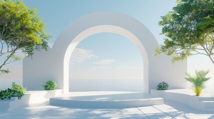 In natural daylight, an arch and podium stand on a minimal landscape background...