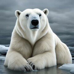 the polar bear is sitting on the ice covered ground and looking to the camera