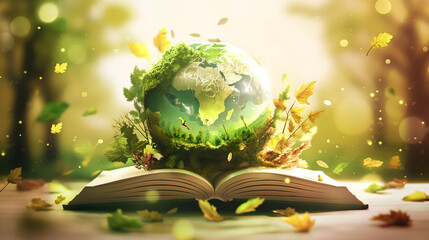 3D Illustration of World Book Day. A globe and trees on a book. Generative AI