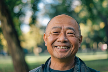 Portrait of a joyful asian smiling man in the park