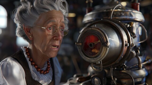 AI-generated illustration of an elderly woman pictured with vintage machinery