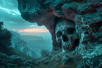 Skull-shaped cave mouth on a haunting mountain trail