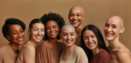 Cheerful different aged women with shaved heads after chemotherapy. Group of diverse women standing...