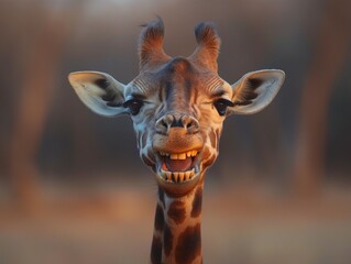 portrait of a smiling African giraffe with all his teeth