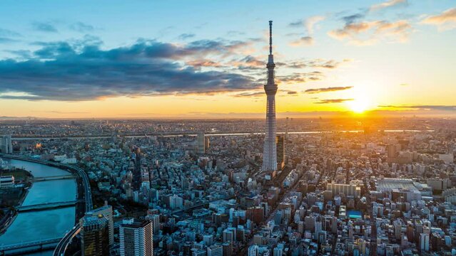 Aerial view of Tokyo cityscape at sunrise, Japan.
