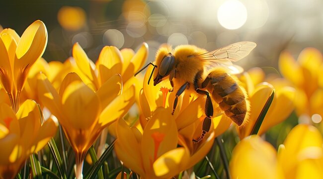 A closeup of an enchanting bee hovering over vibrant yellow crocuses