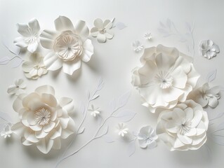 Blank white paper with paper flowers. Mock-up of horizontal blank greeting card