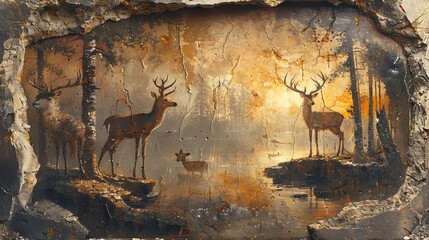 A beautiful painting of deer standing in a forest clearing at sunset. The painting is done in a realistic style and the colors are vibrant and lifelike. The deer are all different sizes and they are a
