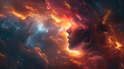 A beautiful space nebula with a glowing female face. - obrazy, fototapety, plakaty