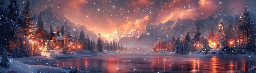 A beautiful winter landscape with a frozen lake and a village in the distance. The sky is a deep orange and the snow is sparkling.