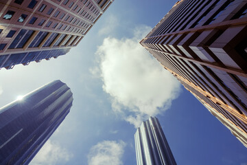Abu Dhabi, Arab Emirates. Skyscrapers soaring into the sky. Bottom up view