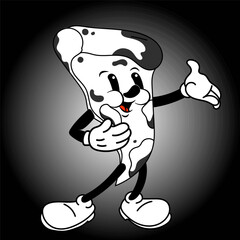 Funny cartoon character. Vector illustration of slice of pizza. Comic element in trendy retro cartoon style.