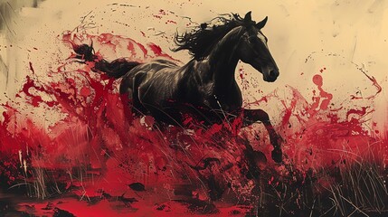 A black horse running through a field of red flowers.