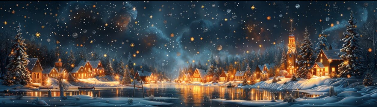 A beautiful winter village scene with snow-covered houses and trees, a frozen lake, and a starry night sky.
