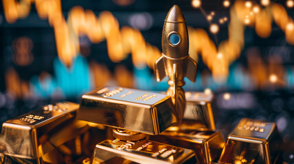 gold bars with a rocket model soaring upwards placed beside it