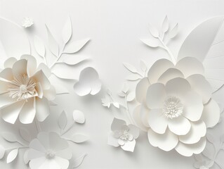Blank white paper with paper flowers. Mock-up of horizontal blank greeting card