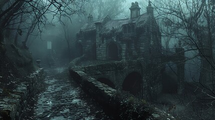 A dark and gloomy haunted house with a long and winding path leading up to it. The house is surrounded by tall, dead trees and the sky is dark and stormy. - obrazy, fototapety, plakaty
