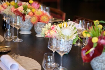 Closeup of a table decorated in a tropical style