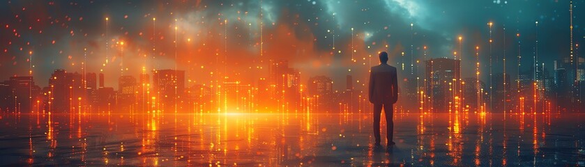 A man standing in the middle of a city. The city is on fire and there are explosions everywhere. The man is wearing a suit and tie and he has a briefcase in his hand. He is looking up at the sky and h - obrazy, fototapety, plakaty