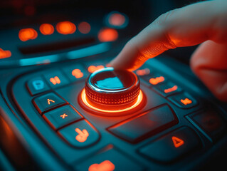 Finger press future button with blue light black background. Concept image