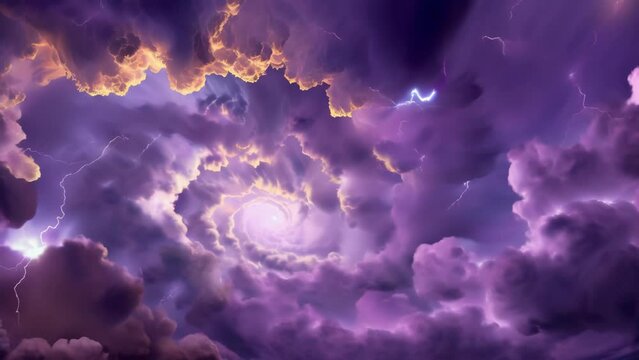 Purple thunderclouds and lightning are powerfully depicted. This piece makes you feel the threat and beauty of nature.
