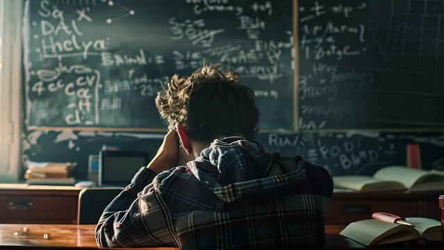 Pushing towards a teenager from behind with his head in his hands stressed out about a math test in front of a chalk board