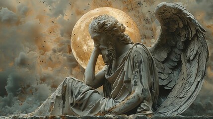A stone statue of an angel sits on a ledge in front of a full moon. - obrazy, fototapety, plakaty