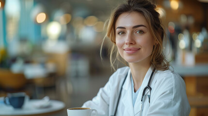 Young woman doctor taking a break at the hospital canteen taking a hot coffee cup - Powered by Adobe