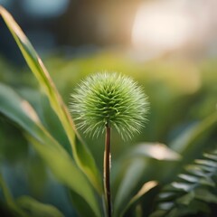 a green flower on top of a stem in front of some leaves