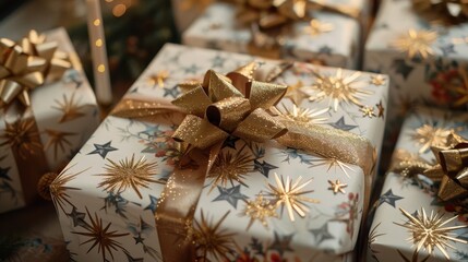 Gifts wrapped in vintage paper, close-up on the craftsmanship of golden bows and star-studded accents