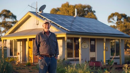 Standing proudly beside his home, a man views the solar panels above, embracing the shift to a sustainable, self-reliant energy lifestyle