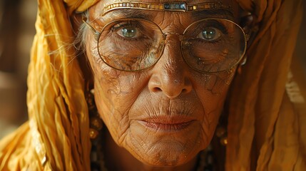 An old woman with a weathered face and bright blue eyes. She is wearing a yellow turban and has a golden necklace around her neck - obrazy, fototapety, plakaty
