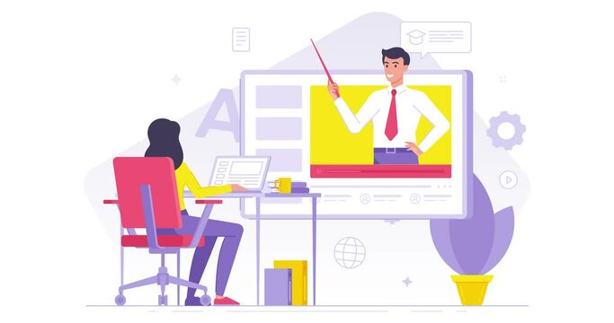 Cartoon characters female having online class with male teacher flat illustration animation. Woman working on laptop watching education tutorial on internet studying