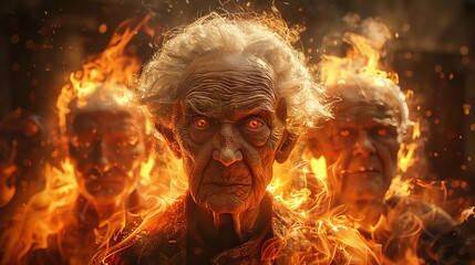 Three old women engulfed in fire