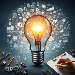 Lightbulb illustration with learning icons for study knowledge to creative thinking idea and problem solving solution concept, ai generated, ideas - obrazy, fototapety, plakaty
