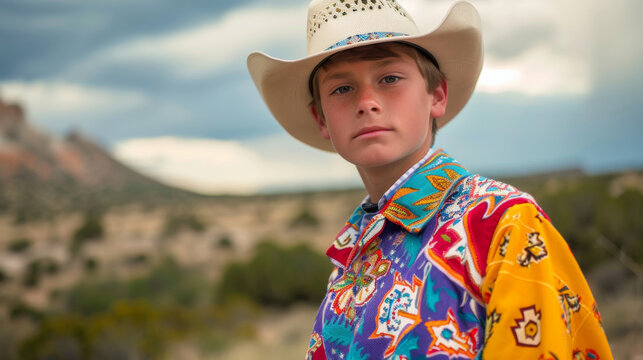 Portrait of an american teenager cowboy wearing colorful cowboy clothes with nature landscape background