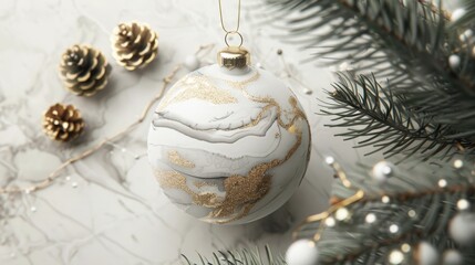Christmas ball with marble stone texture. Flat lay. 3D Christmas background. Top view.