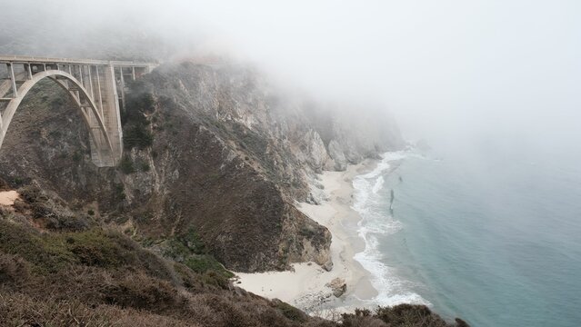 Landscape of the Big Sur covered in the fog and clouds in California