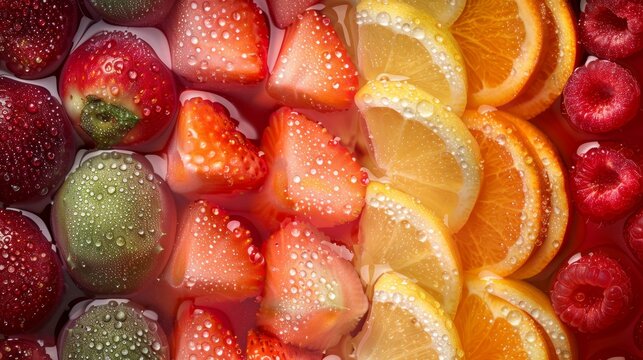 Dew-kissed fruits and veggies in a spectrum of colors, showcasing the freshness of nature