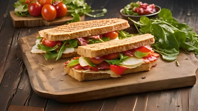 Top View of Grilled Bacon and Mozzarella Sandwiches with Arugula and Cherry Tomato Salad